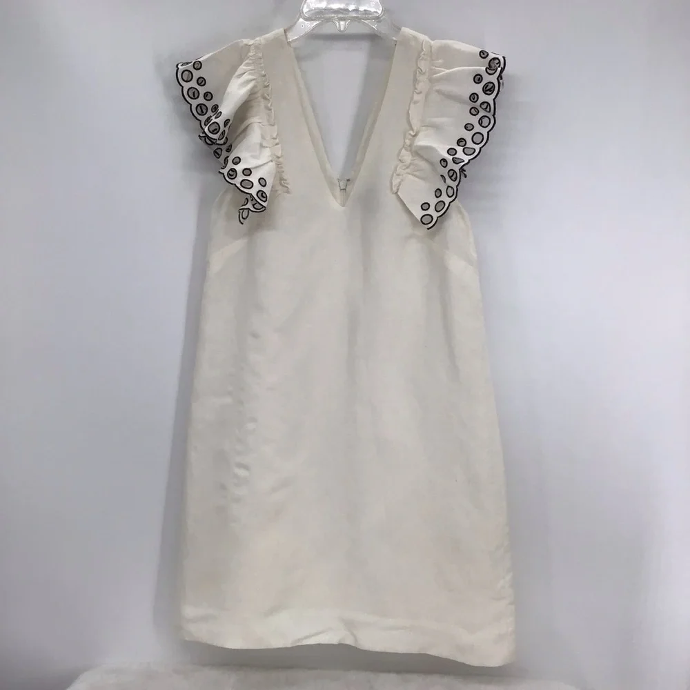 J Crew Women’s Linen Blend Flutter Sleeve Eyelet Detail Dress Career Size 4